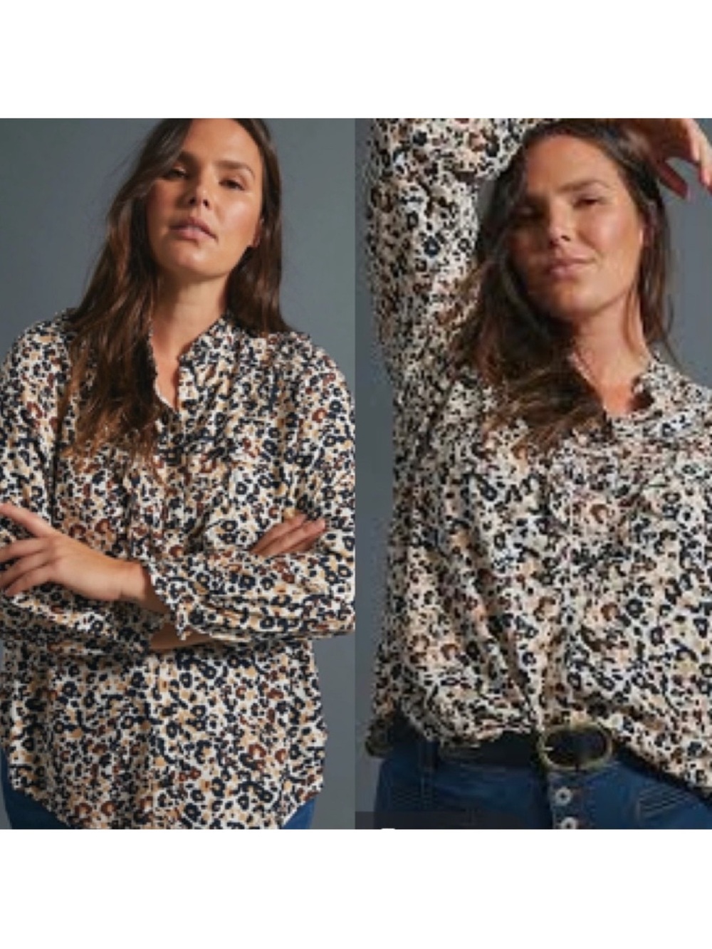 Maeve Anthropologie Leopard Print Ruffle Collar Blouse Tan Brown 4P NEW